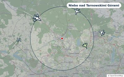 Mapa okolic miasta z sylwetkami samolotów — Niebo nad Tarnowskimi Górami